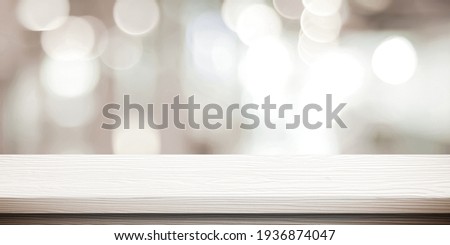 White table presentation, desk and blur background, Empty wood counter, shelf surface over blur restaurant white bokeh background, Wood table top for retail shop, store product display banner, mock up
