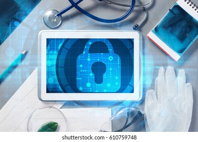 White tablet pc and access security concept on media screen