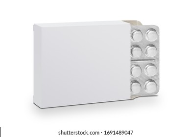White tablet pills in blister packs in a white cardboard box. Medical preparations. White background. Close up