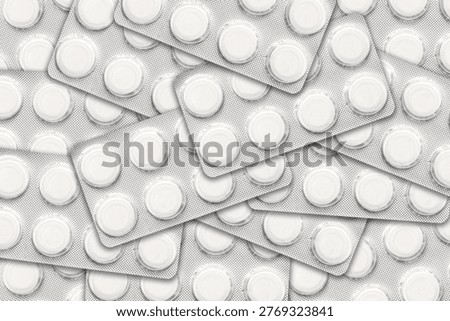 White tablets blister packs pattern. Pharmacy medicine texture concept. Healthcare dosage background scene. Medical packaging closeup. Repeating pill layout. Clean treatment theme.