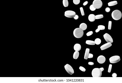 White tablets falling on black background. Lots of psychedelic pills. Drug abuse and criminal.