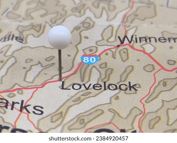 White tack on map of Lovelock, Nevada. This city is the county seat of Pershing County, NV.