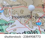 White tack on map of Prescott, Arizona. This city is the county seat of Yavapai County, AZ.