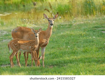 white tailed deer family with twin fawns