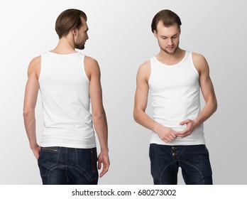 White tank top on a young man in jeans, isolated, front and back, mockup.