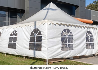 White Tent Canopy At Temporary Fair Outdoor