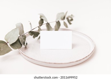 White Tented Place Card On A Beige Ceramic Dinner Plate And A Dried Green Eucalyptus Branch, Minimal Wedding Stationary Seating Placement