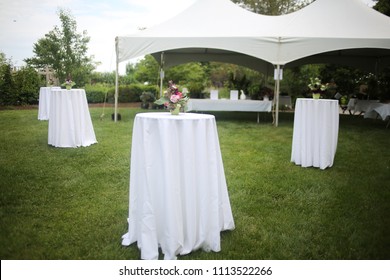 White Tents And High Top Tables For An Outdoor Garden Event With Pink And Purple Centerpieces