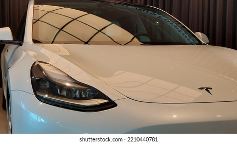 White Tesla Model 3 2021 Car Interior Exterior Cockpit Dashboard Center Console Indoor No People Inside Car Dealership Showroom In Orebro Sweden On 08.09.2022