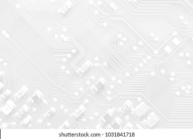 White Texture Background Of Printed Circuit Board. Computer Technology Background. Information Tech. Space For Text. Gray Scale Pcb Background.