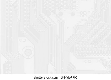 White Texture Background Of Printed Circuit Board. Computer Technology Background. Information Tech. Space For Text. Gray Scale Pcb Background.