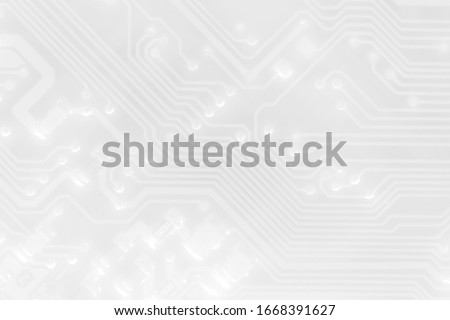 White texture background of printed circuit board. Computer technology background. Information tech. Space for text. Gray scale pcb background.