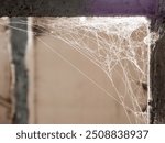 White threads of spider web on corner of metal beams intersection close up view