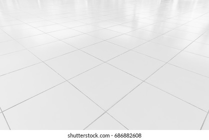 White Tile Floor Clean And Symmetry With Grid Line Texture In Perspective View For Background. Flooring Permanent Covering By Tile, Square Shape Of White Tile Made From Ceramic Material Covering Floor