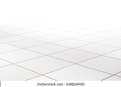 White Tile Floor In Office.White Tiles Floor For Bedroom , Kitchen, Bathroom And Interior Design.White Tiles Floor In Perspective View. Clean And Symmetrical Surface With Grid Texture Background.