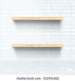 White Tile Room With Wooden Shelf, Mock Up For Display Of Product.