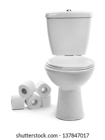 White toilet bowl with toilet paper, isolated on white
