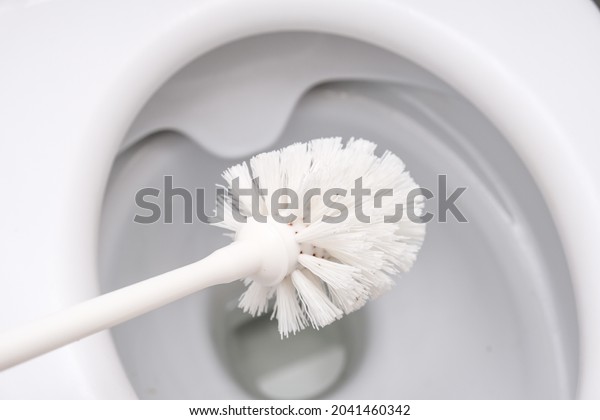 White toilet brush ready to clean\
toilet bowl, concept for house cleaning and household\
duties