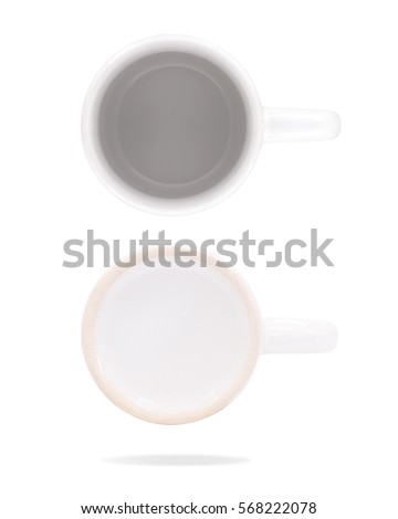 White top and bottom view ceramic mug on isolated background with clipping path. Blank drink cup for your design.