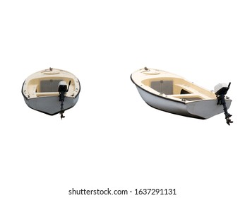 White Top Sea Small Motor Boat With Gas Engine Half Side And Back View Isolated On White