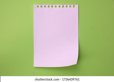 White torn sheet of notebook on light green background, top view. A piece of paper is empty on a plain colored background. Copy space. white paper sheet for notes plans, sticky notes.