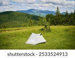 White tourist tent on sunlit, grassy hilltop, surrounded by young pine trees. Panoramic view of lush, rolling mountains under bright blue sky with scattered clouds, creating idyllic camping spot.