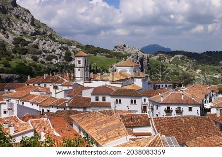White town and surrounding hills of Grazalema in the Sierra de Grazalema National Park, Andalusia, Spain