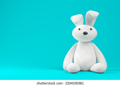 White toy rabbit on blue background 3D illustration