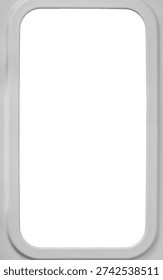 White train cabin window frame with rounded corners is isolated.