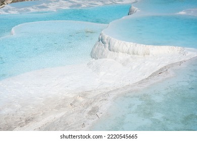 White travertines, calcite cliff of Pamukkale in Turkey. High quality photo