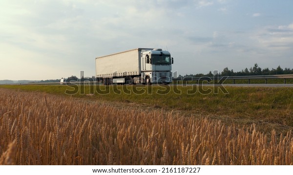 White truck with cargo trailer\
drive along the highway past a wheat field on a sunny summer day.\
Concept of Logistics, Transport, Cargo Transportation,\
Delivery.