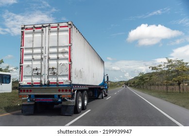 White Truck With Container On A Highway In Colombia.