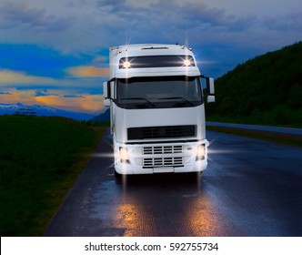 White Truck On The Rural Road At The Night