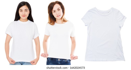 White T-shirt Close Up Mock Up Isolated, Asian And Caucasian Persons In Stylish White Blank Tshirt. Girl T Shirt Mockup. Tshirt Set, Front Views Of Asian And Caucasian Woman In White T Shirt Isolated