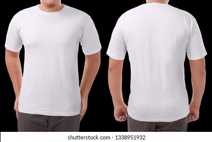White T-shirt Mock Up, Front And Back View, Isolated. Male Model Wear Plain White Shirt Mockup. Tshirt Design Template. Blank Tee For Print