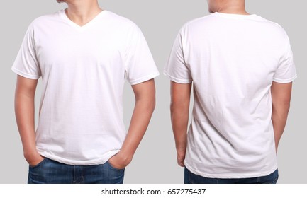 White t-shirt mock up, front and back view, isolated. Male model wear plain white shirt mockup. V-Neck shirt design template. Blank tees for print