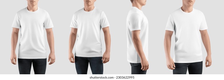 White t-shirt mockup on guy, front, side, back view, product photography for commerce, promotion. Set of men's streetwear, shirt isolated on background. Apparel template for design, brand, pattern. - Shutterstock ID 2303622995