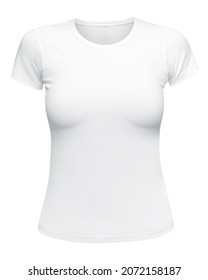 White T-shirt Mockup Women Front Used As Design Template. Tee Shirt Female Blank Isolated On White