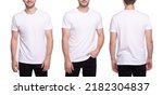 White t-shirt on white background. Template of a white t-shirt. Front view, side view, rear 