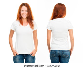 white t-shirt on a smiling girl, front and back