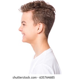 White T-shirt On Teen Boy. Profile Of Handsome Caucasian Smiling Child, Isolated On A White Background. Concept Of Childhood And Fashion Design. 