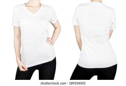 White T-shirt on woman body with front and back side isolated on white background. - Shutterstock ID 189334505