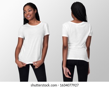 White t-shirt on a young african american woman in jeans, isolated, front and back, mockup template
