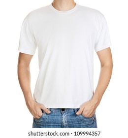 White t-shirt on a young man template isolated on white background