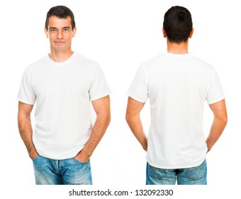 White t-shirt on a young man isolated, front and back - Shutterstock ID 132092330