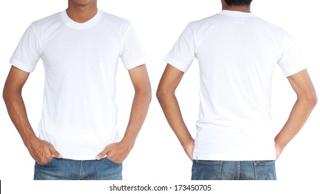White t-shirt on a young man template isolated on white background  back and front