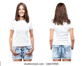 White t-shirt on a young woman template isolated on white background