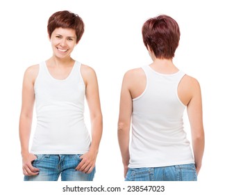 White t-shirt on a young woman template isolated on white background