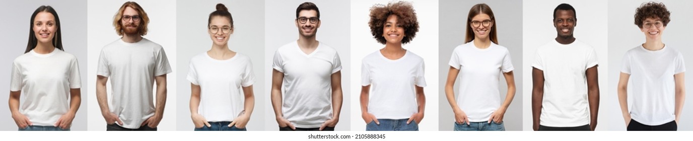 White t-shirt people collage of many men and women wearing blank tshirts with copy space