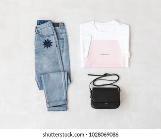 White Tshirt Pink Print Blue Jeans Stock Photo Edit Now